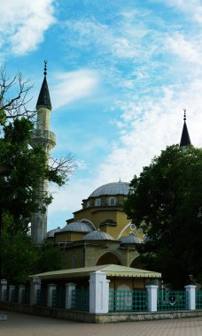 cami ile mavi gök yeşil ağaç üzerinde