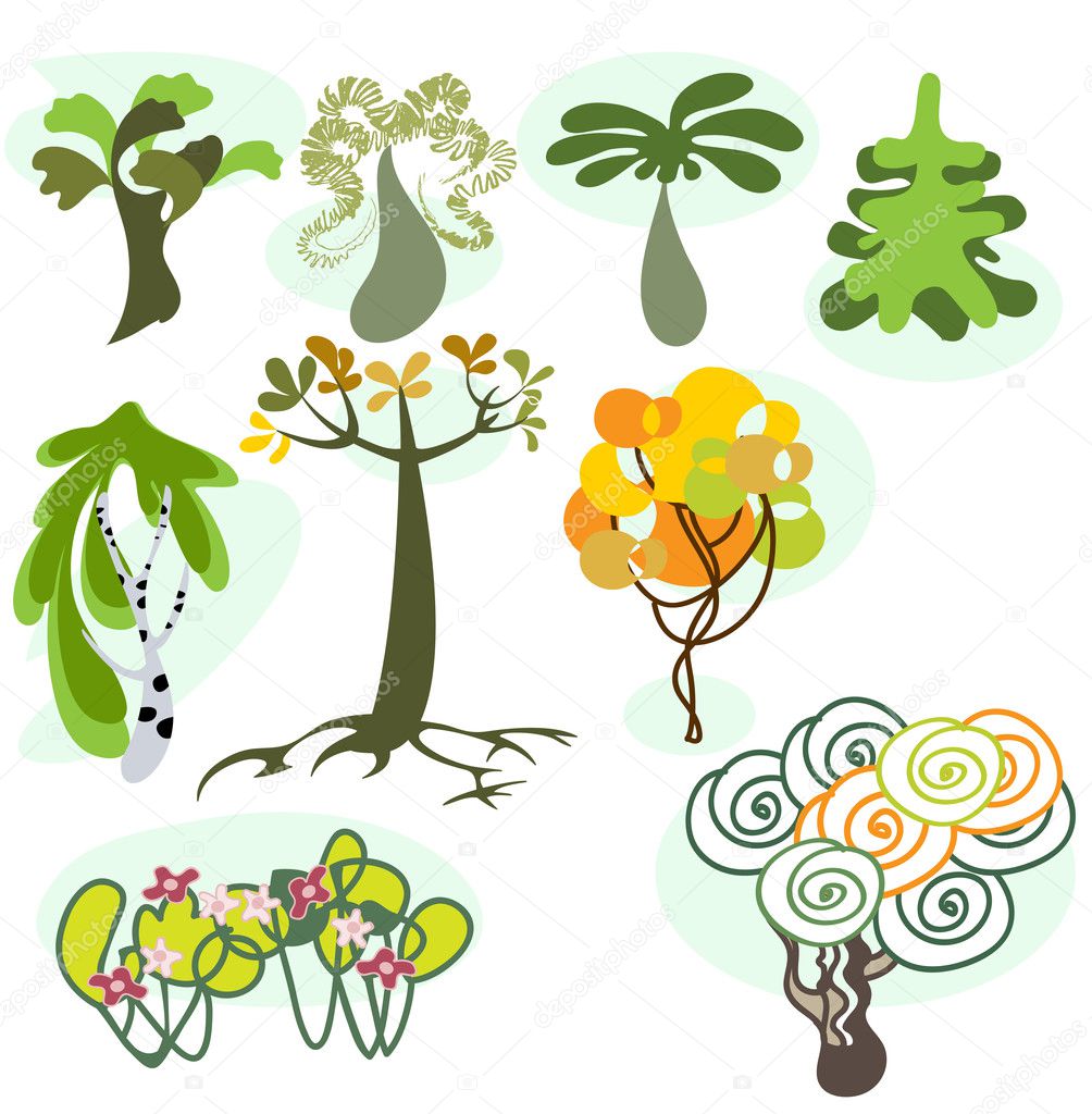 Set of nine different trees