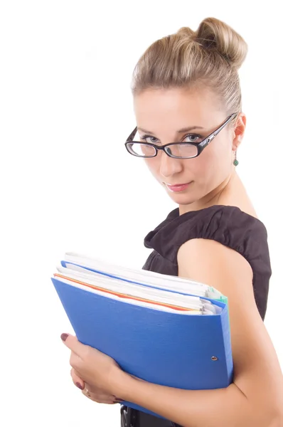Strenge Frau mit Brille und Papieren — Stockfoto