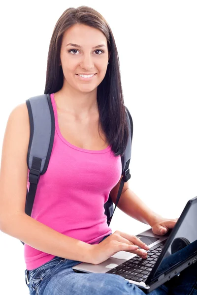 女学生用一台笔记本电脑 — 图库照片