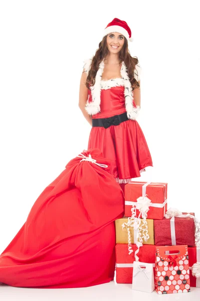 Beautiful girl in santa claus suit — Stock Photo, Image