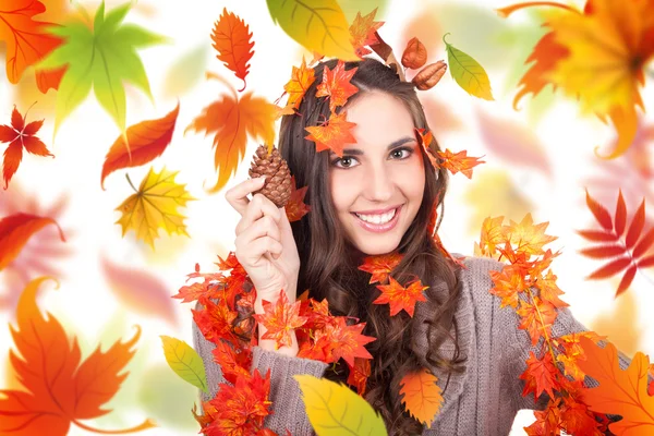 Autumn woman holding cone — Stock Photo, Image