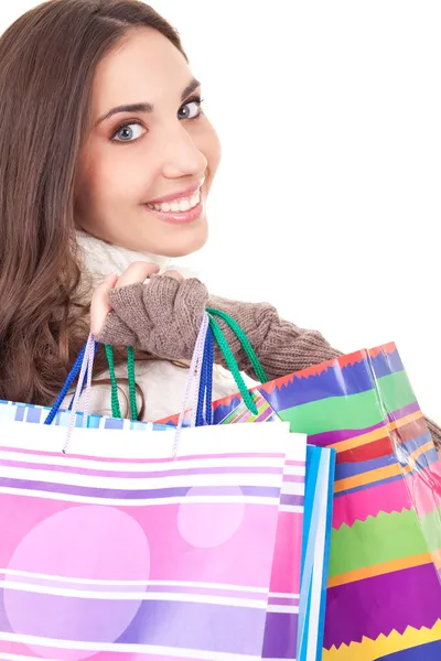Uśmiechnięta kobieta z torbami na zakupy — Zdjęcie stockowe