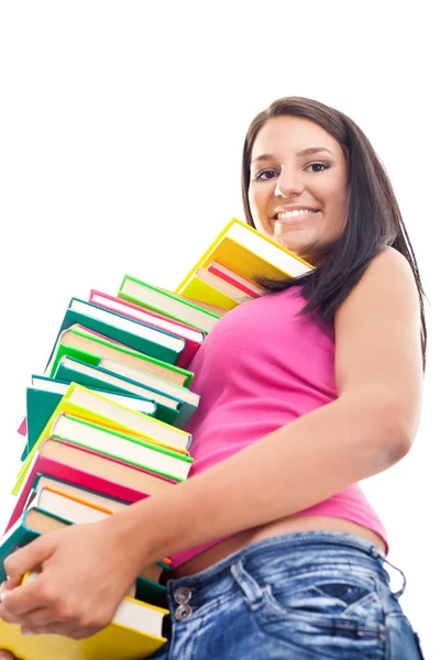 Meisje met grote stapel boeken — Stockfoto