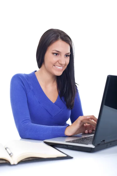 Chica sonriente trabajando en el ordenador portátil — Foto de Stock