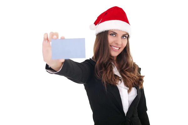 Weihnachtsmann Geschäftsfrau mit leerer Visitenkarte — Stockfoto