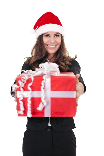 Бізнес-леді як Санта Клаус з подарунком — стокове фото