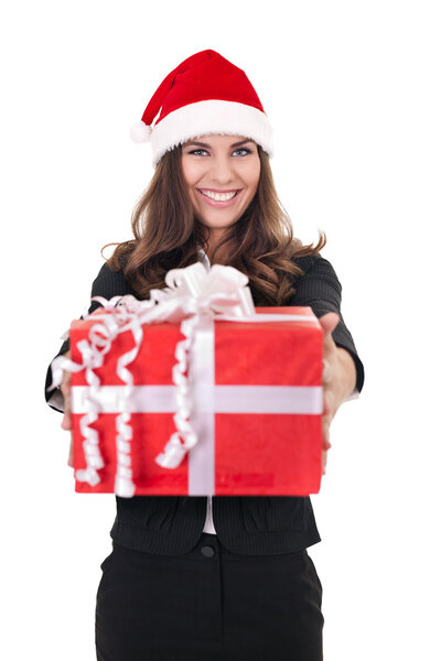 Businesswoman as santa claus with gift