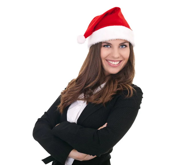Glückliche Geschäftsfrau mit Weihnachtsmütze, — Stockfoto