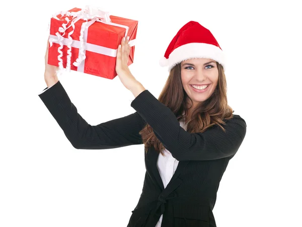 Santa businesswoman holding gift Stock Photo