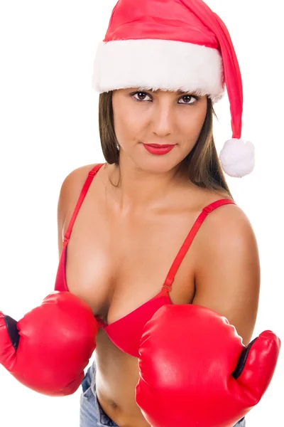Mulher com chapéu de Papai Noel e luvas de boxe — Fotografia de Stock