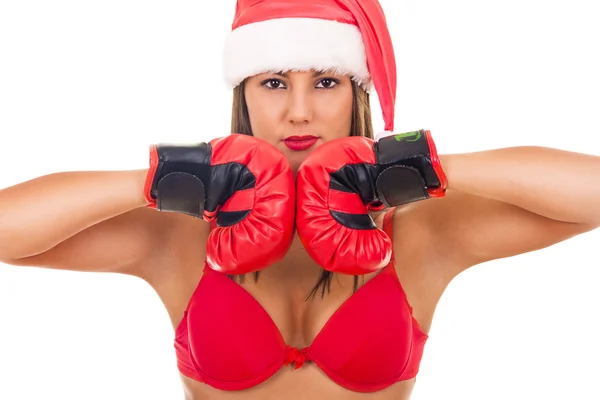Santa menina com chapéu e luvas de boxe — Fotografia de Stock