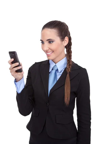 Geschäftsfrau liest SMS am Telefon — Stockfoto