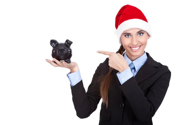 Santa girl with piggy bank — Stock Photo, Image