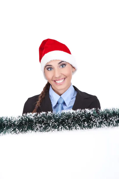 Weihnachtsmann-Geschäftsfrau zeigt leeres Schild — Stockfoto