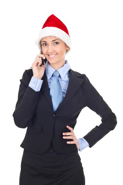 Business woman with santa hat using phone