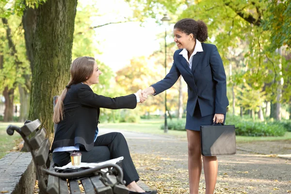 Twee vrouwelijke ondernemers handshaking — Stockfoto