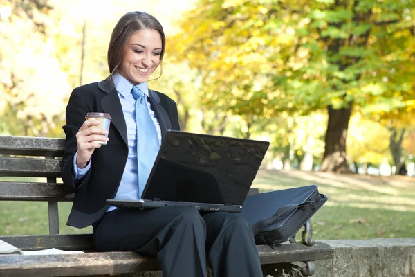 Sorridente donna d'affari in cerca di laptop — Foto Stock