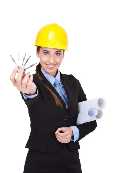 Businesswoman giving keys — Stock Photo, Image