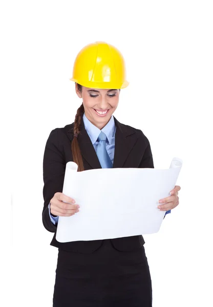 Female architect holding blueprint — Stock Photo, Image