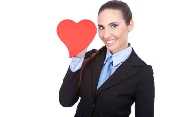 Zâmbind femeie de afaceri cu inima de formă — Fotografie, imagine de stoc