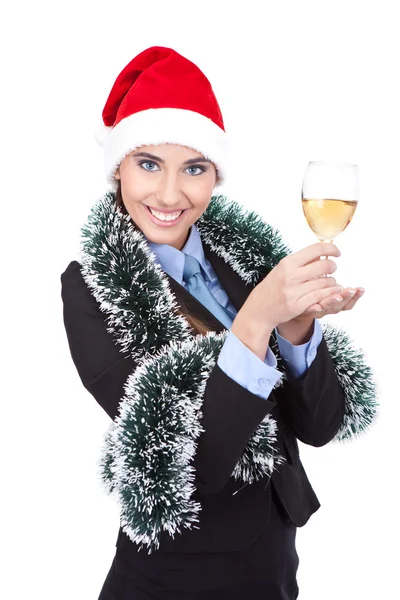 Businessgirl mit Weihnachtsmütze und Champagner — Stockfoto