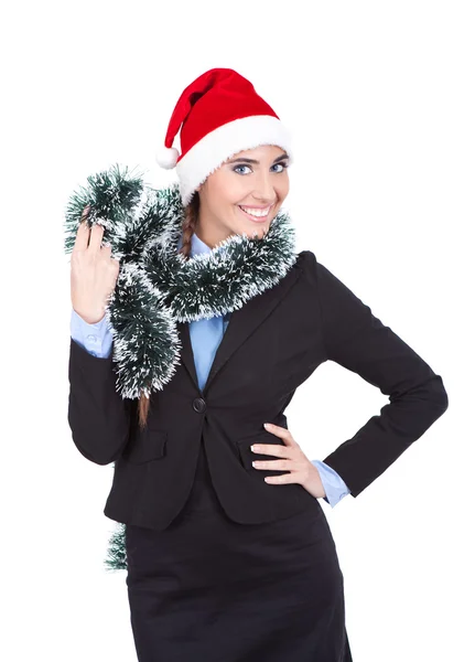 Schöne Geschäftsfrau mit Weihnachtsmütze — Stockfoto