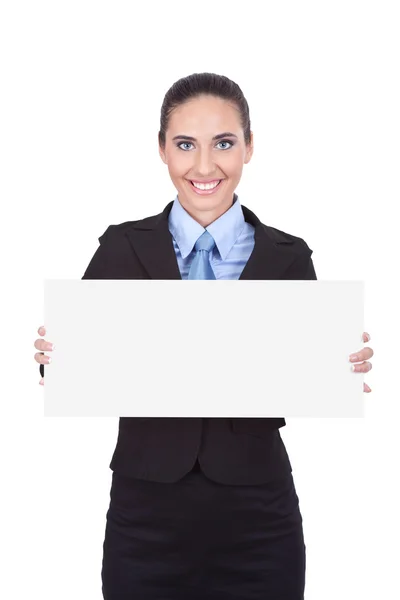 Businesswoman holding white sing — Stock Photo, Image