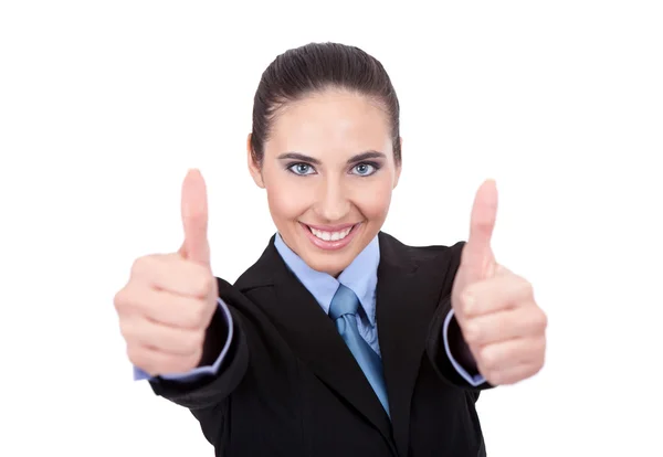 엄지손가락을 보여주는 행복 한 비즈니스 우먼 — 스톡 사진