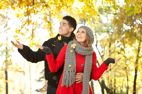 Casal em folhas caindo, amor no parque de outono — Fotografia de Stock