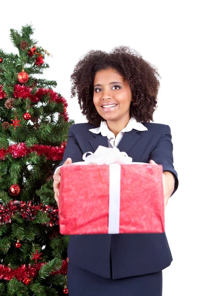 Afro woman with box gift — Stock Photo, Image