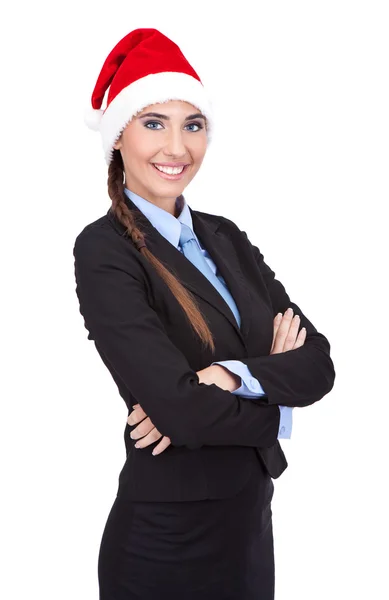 性格开朗的女商人与圣诞老人帽子 — 图库照片