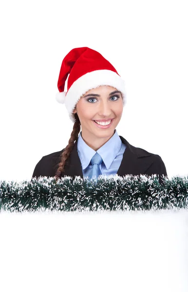 Donna d'affari con Babbo Natale stendardo — Foto Stock