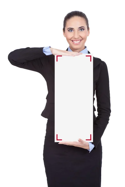 Businesswoman holding blank sing — Stock Photo, Image
