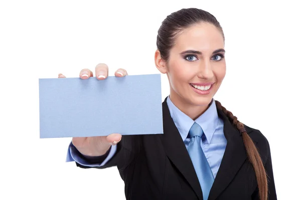 Businesswoman with blank business card — Stock Photo, Image