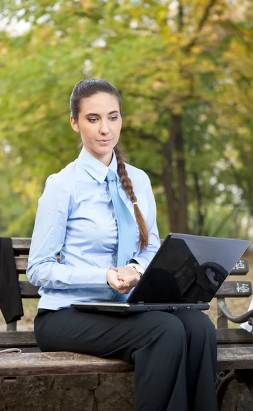 Seriöse Geschäftsfrau schaut in Laptop — Stockfoto