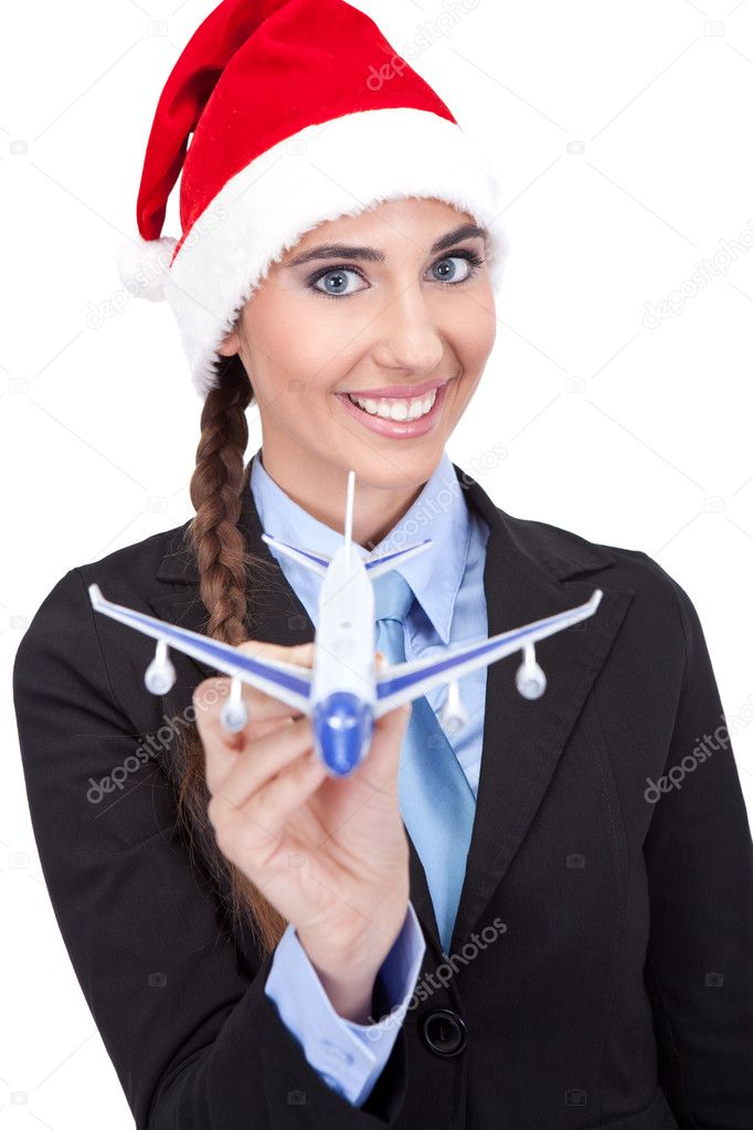 Santa businesswoman holding plane
