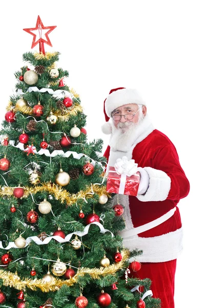 Santa volgende kerstboom met cadeau — Stockfoto