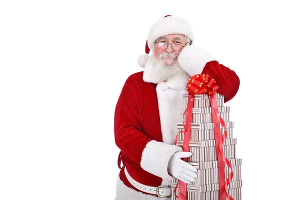 Santa with sack of gift boxes — Stock Photo, Image