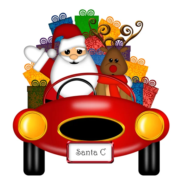 Santa e rena em carro esporte vermelho com presentes — Fotografia de Stock