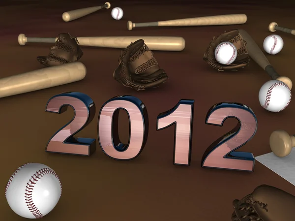 2012 in the middle of baseball batts balls and gloves — Zdjęcie stockowe