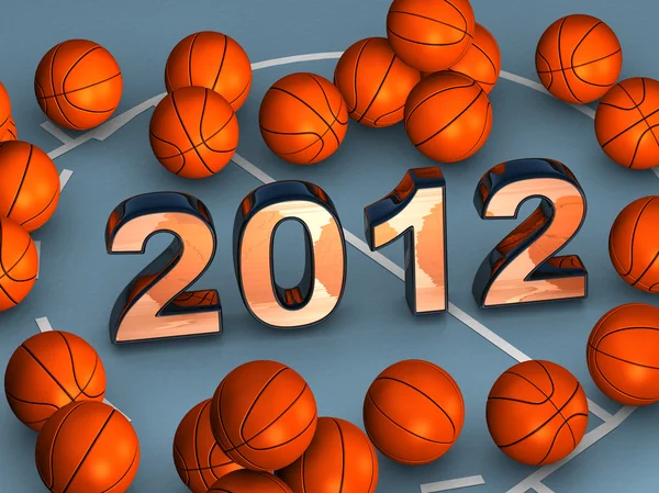 2012 en el medio con un montón de pelotas de baloncesto — Foto de Stock