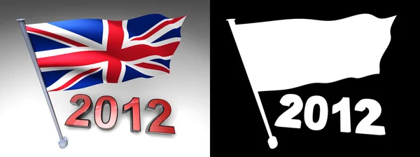 Design 2012 und britische Flagge an einer Stange — Stockfoto