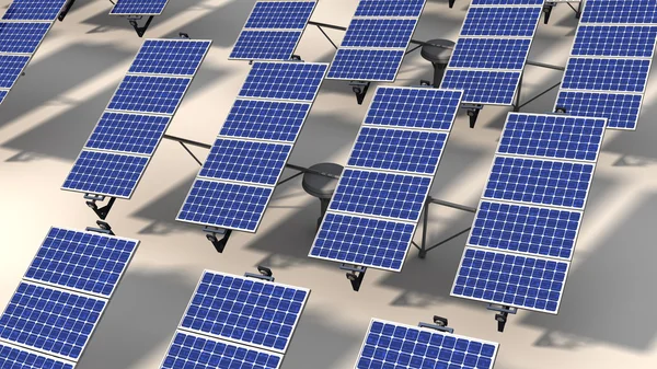 Campo de paneles solares articulados por la mañana — Foto de Stock