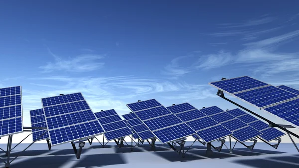 Campo de paneles solares articulados con cielo azul por la mañana —  Fotos de Stock