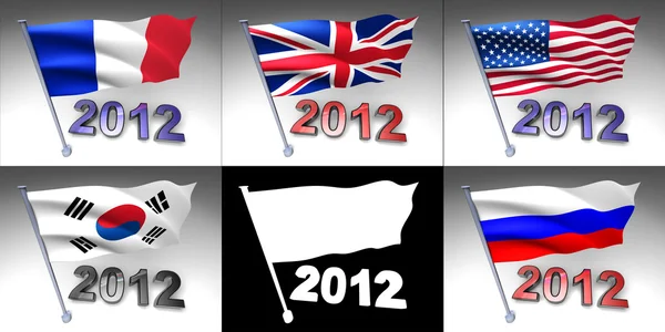 Five flags on a pole with 2012 design at bottom — Stock Photo, Image