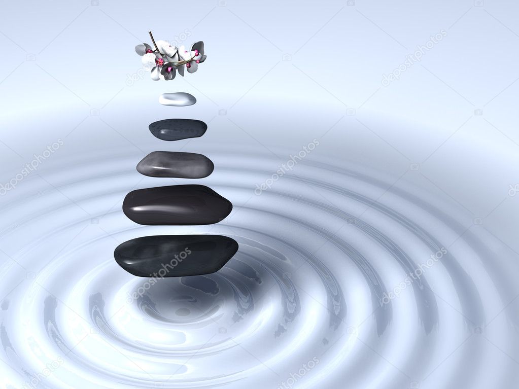 Five stones and white orchids in levitation above circular waves