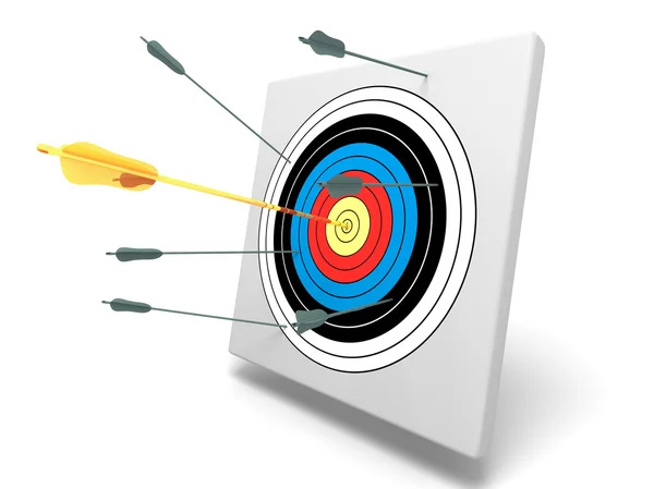 Gold arrow in center with other bad arrows — Stock Photo, Image