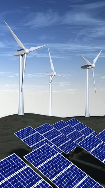 Painéis solares e turbinas eólicas com céu azul — Fotografia de Stock