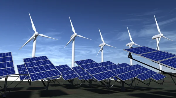 Větrné elektrárny a solární panely s modrou oblohou — Stock fotografie